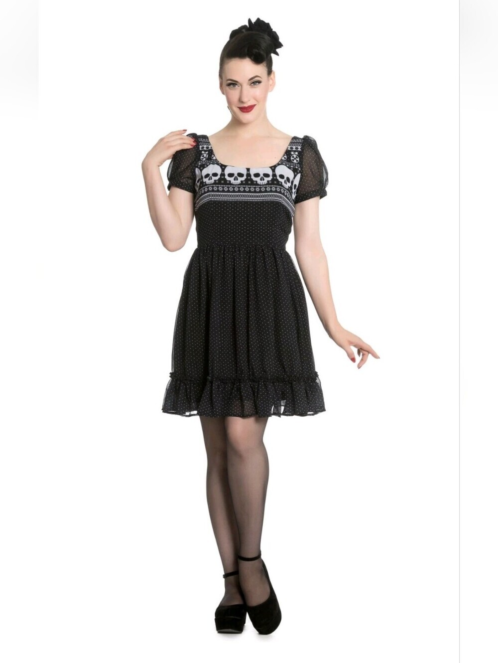 Hell Bunny Adonis Skull Polka Dot Chiffon Goth Pinup Dress XS